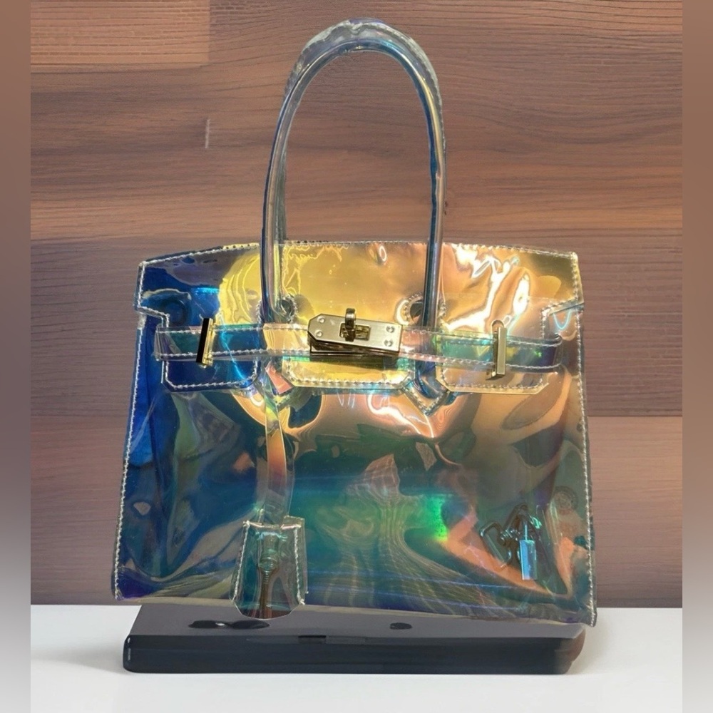 Iridescent Holographic Shoulder Tote Bag - Women see through with key